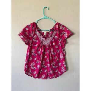H&M Size 2 Pink Floral Short Sleeved Embroidered Blouse